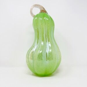 Large Blown Art Glass Light‎ Up Pumpkin Gourd Green Copper Speckle Decor *READ